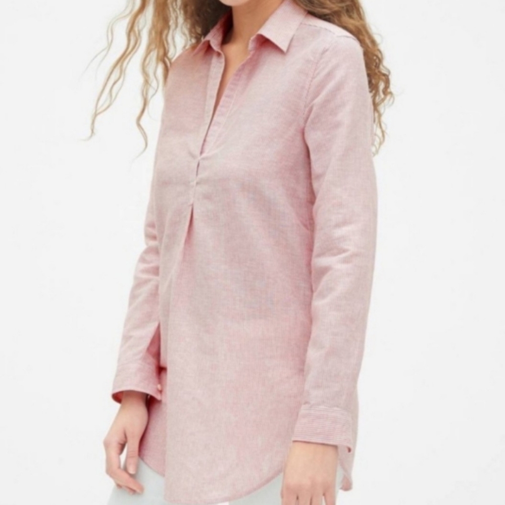 GAP 100% Linen Popover Tunic, M, red stripe